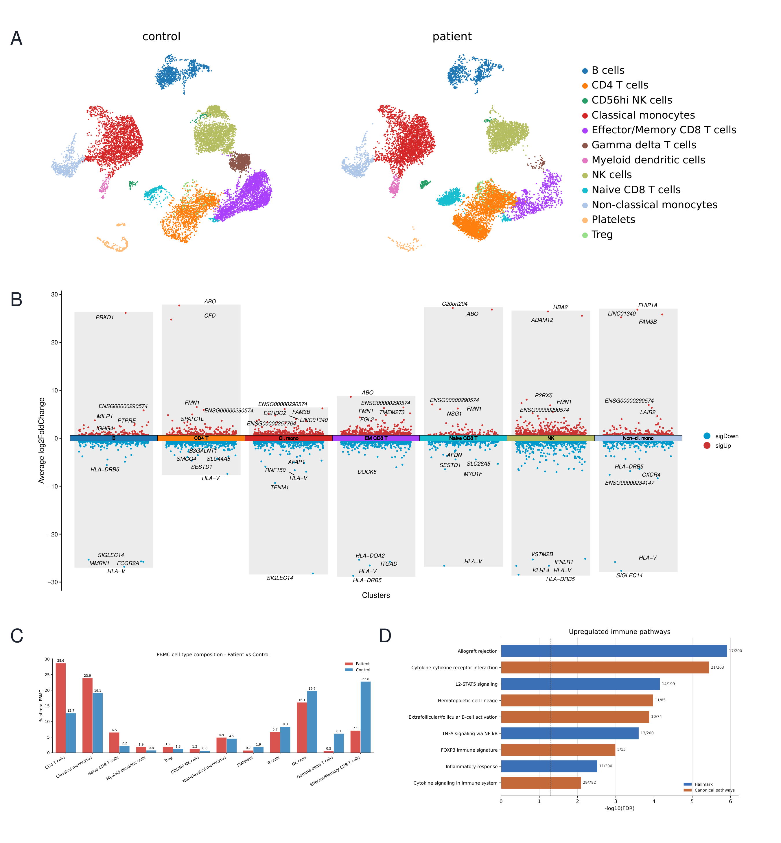 PBMC scRNA-seq results of patient-control immune remodeling.A, UMAP of annotated PBMC populations from the patient and control samples. B, Cell-type-resolved differential-expression volcano plot for p